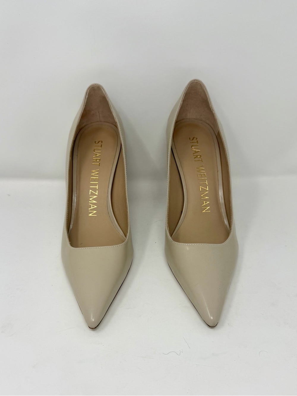 Stuart Weitzman Neutral Beige Pointed Toe Leather Pumps Block Heel